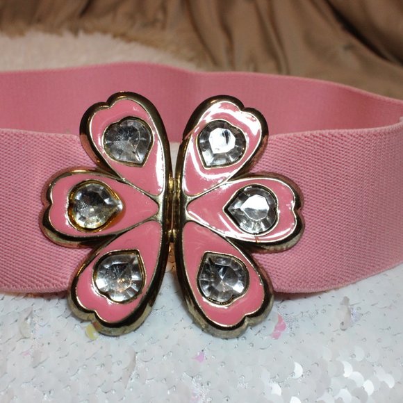 ??  Vintage Flamingo Pink Flower Rhinestone Elastic Bling Belt 25-28\